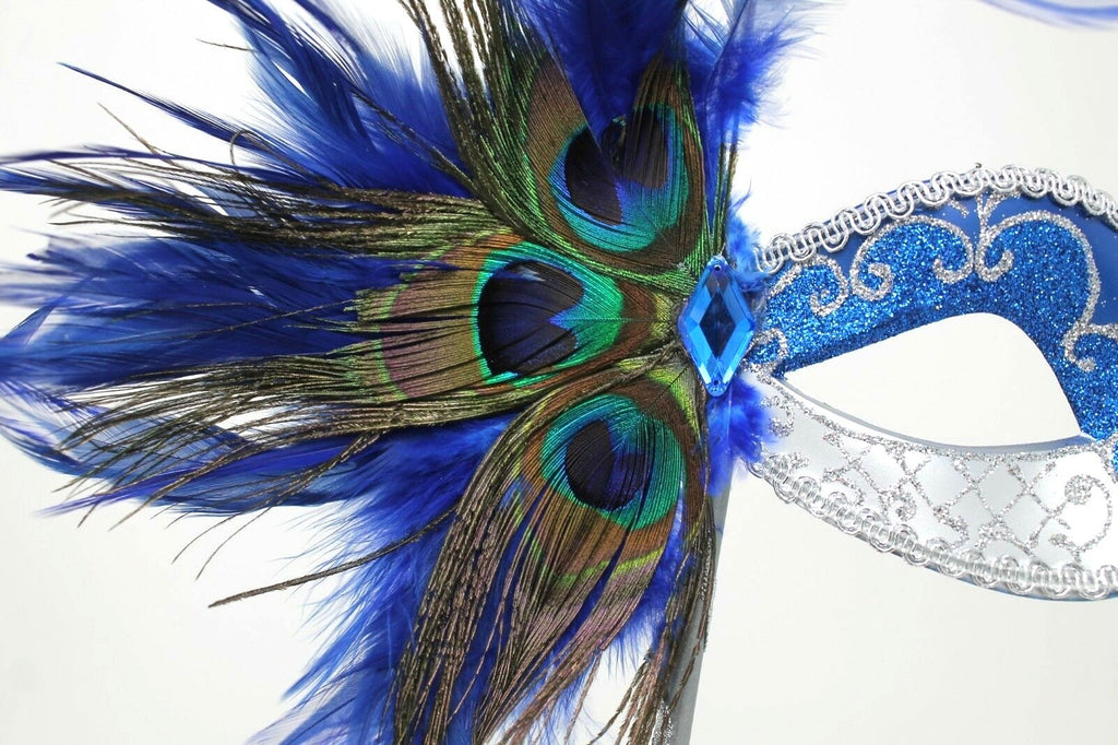 Blue & Silver Venetian Masquerade Party Prom Carnival Eye Mask Hand Held Stick