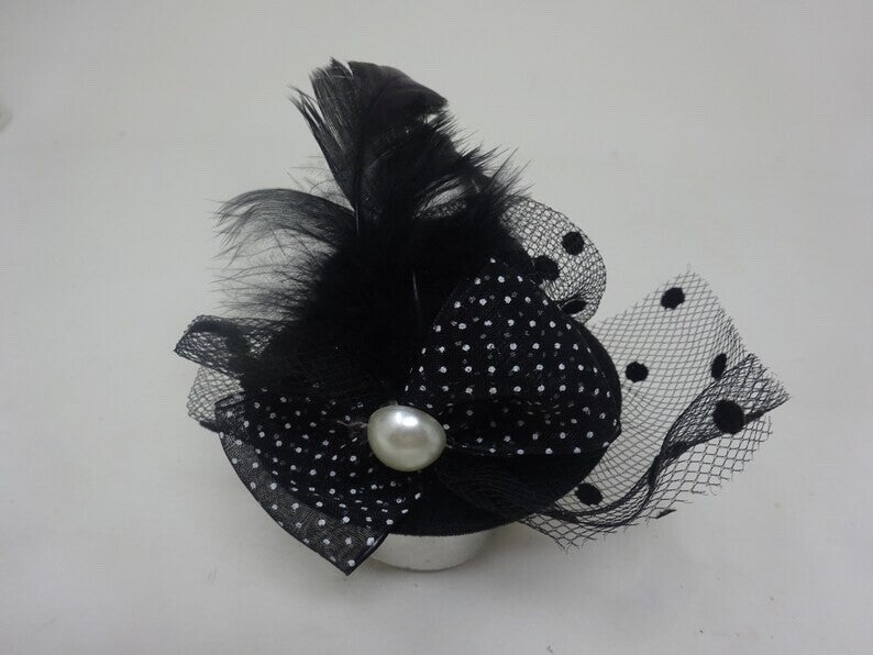 Small Black Hat Design Fascinator with Clip Fastening Spotted Bow Feather& Pearl