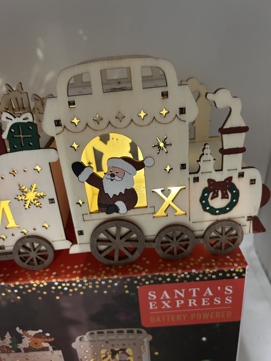 Wooden Santa Claus Express Train Locomotive LED Light Up Decoration 40cm Long