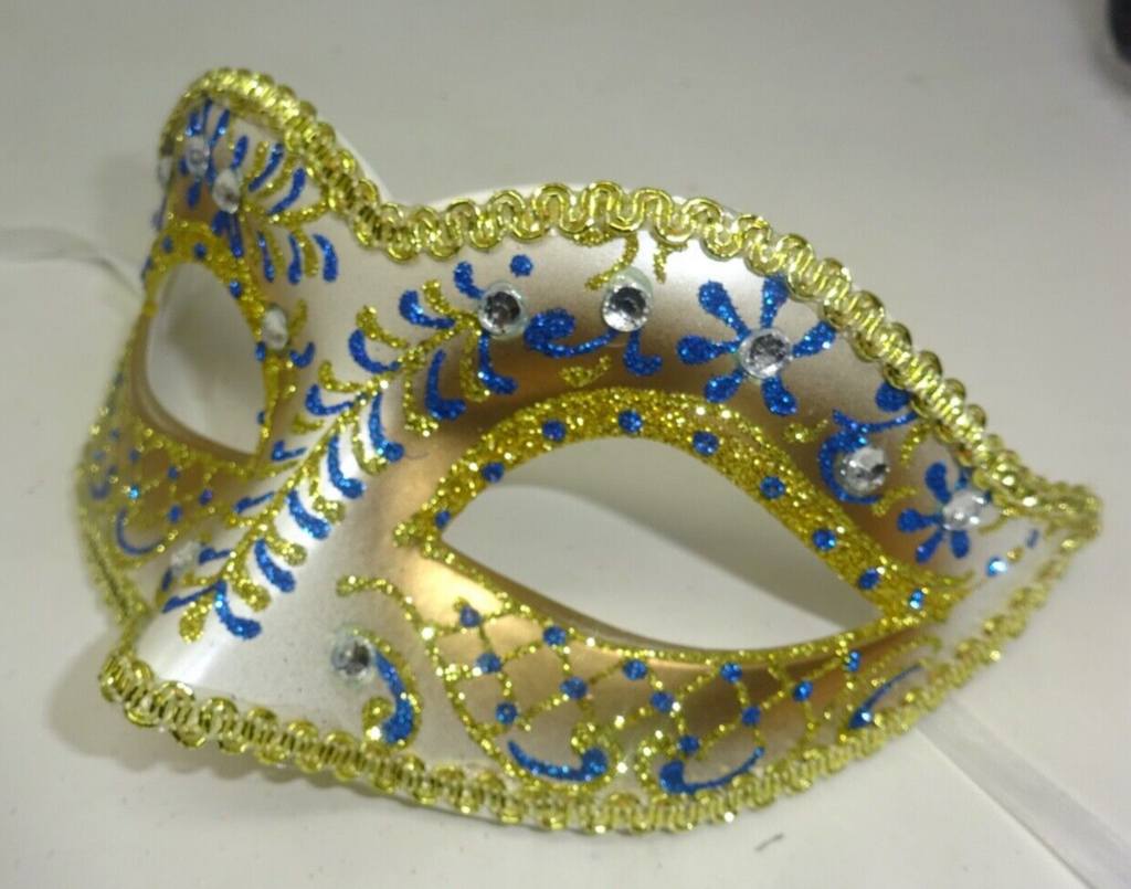 BLUE IVORY GOLD VENETIAN MASQUERADE PARTY BALL EYE CARNIVAL WITH DIAMONTES MASK