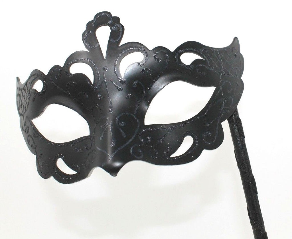 STUNNING BLACK Venetian Masquerade Ball Face Mask on A HAND HELD  STICK  MASK