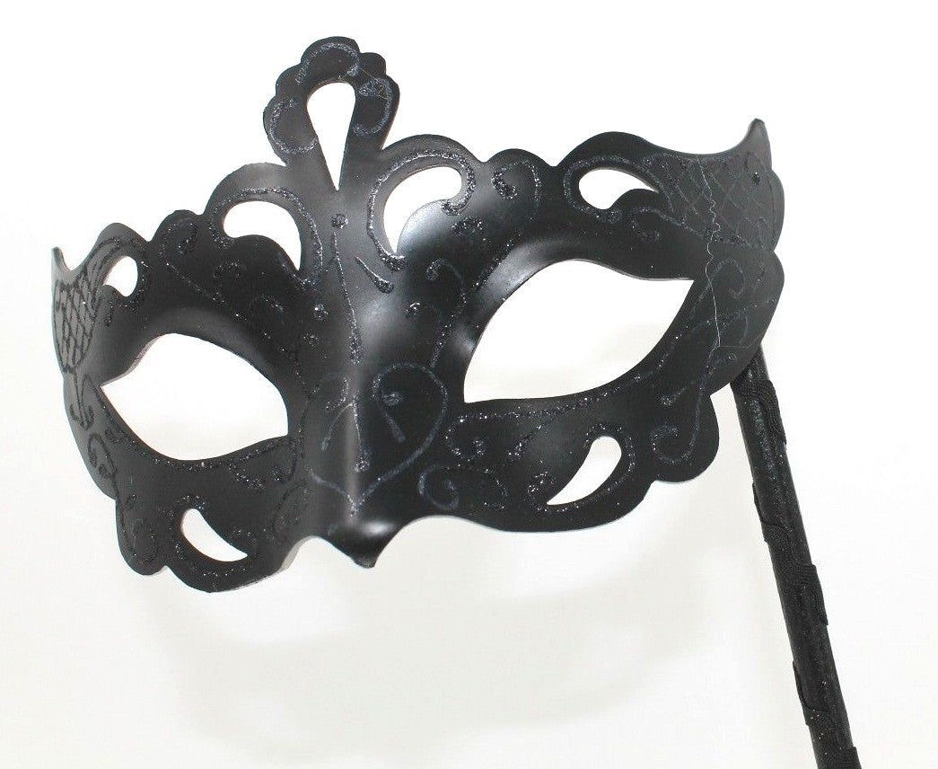 STUNNING BLACK Venetian Masquerade Ball Face Mask on A HAND HELD  STICK  MASK