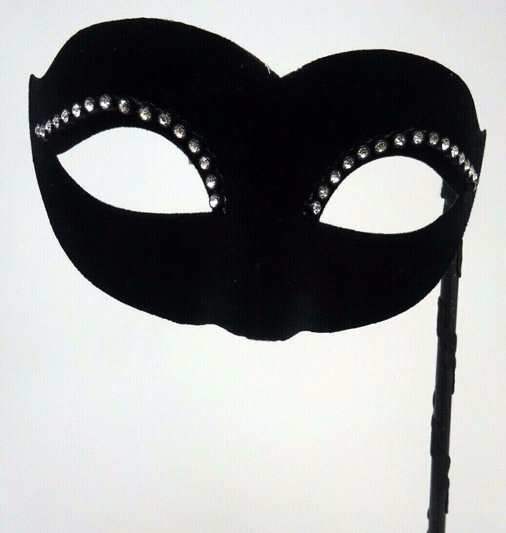 Hand Held Black Velour Jewelled Venetian Masquerade Party Carnival Eye Ball Mask