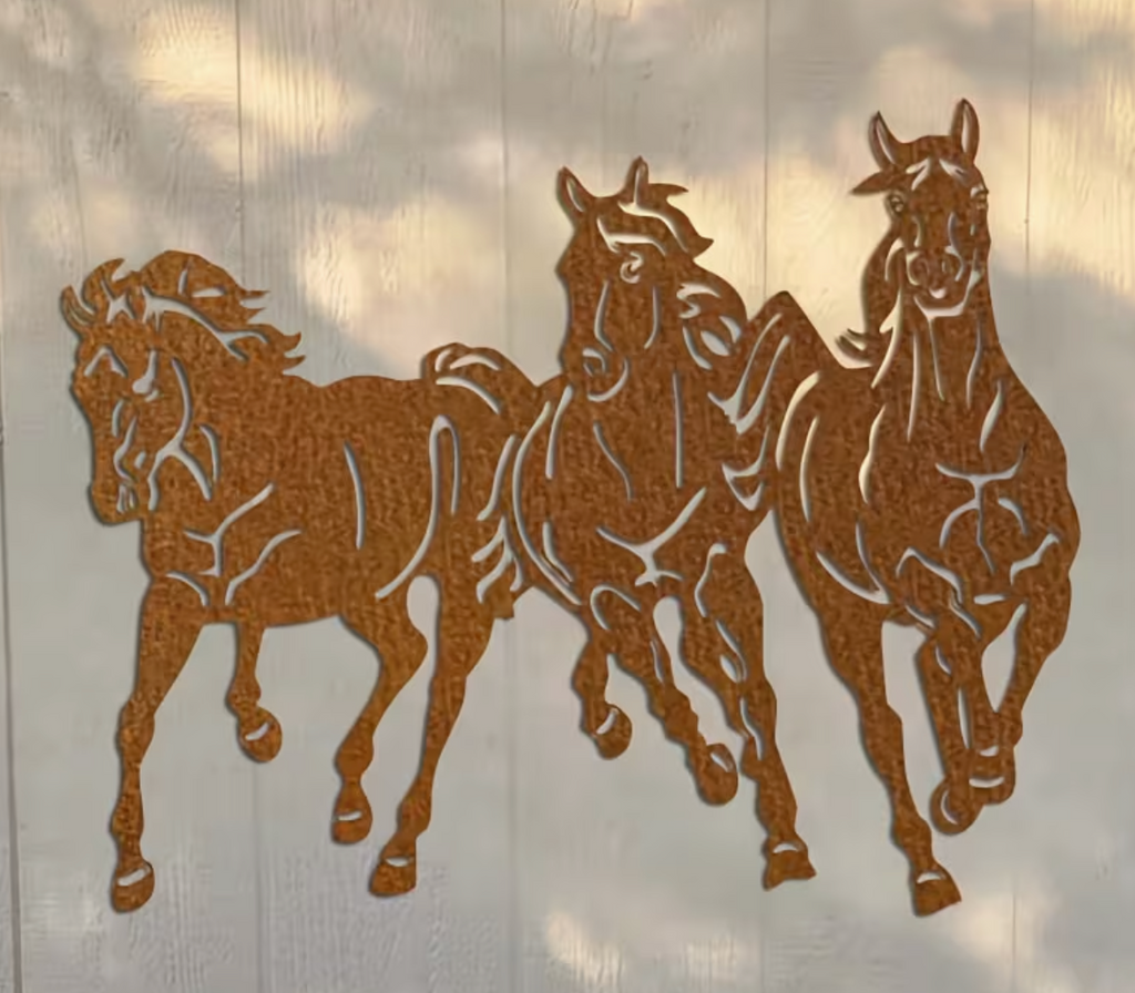 Core-Ten Rusty Metal Horses Pony Garden Ornament Wall Plaque Approx 40cm x 32cm
