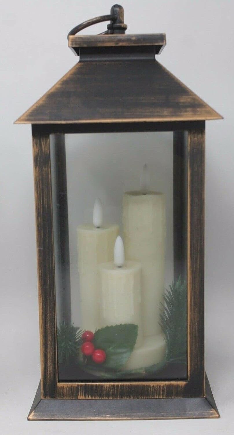 Choice of 3 Colours Rustic Lantern with 3 LED Flicker Flame Candles 27cm Tall