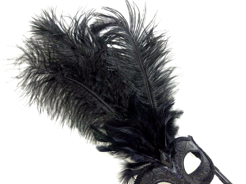 MIDNIGHT BLACK FEATHER HAND HELD MASK & STICK VENETIAN CARNIVAL MASQUERADE PARTY