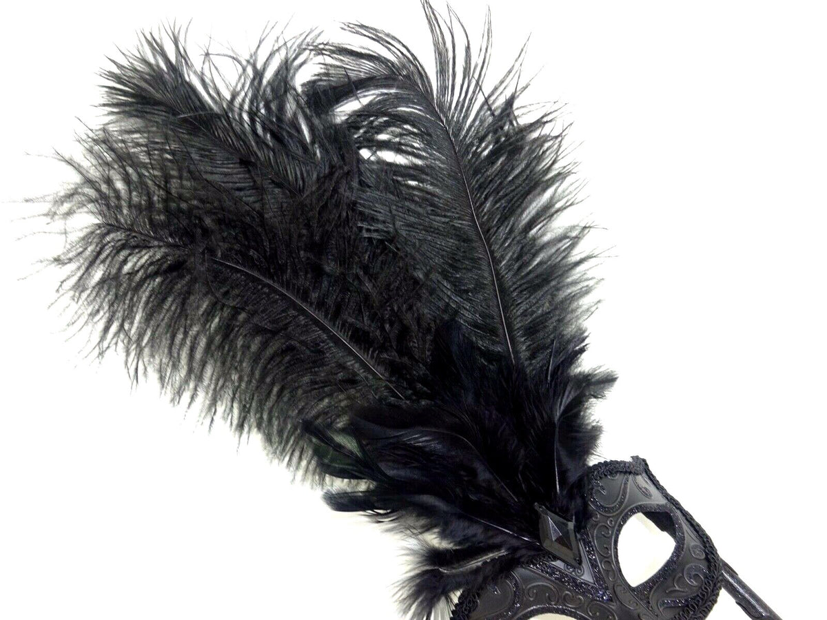 MIDNIGHT BLACK FEATHER HAND HELD MASK & STICK VENETIAN CARNIVAL MASQUERADE PARTY