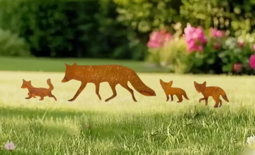 Acrylic Rusty Appearance Fox & 3 Cubs Garden Ornament Figurine Silhouettes
