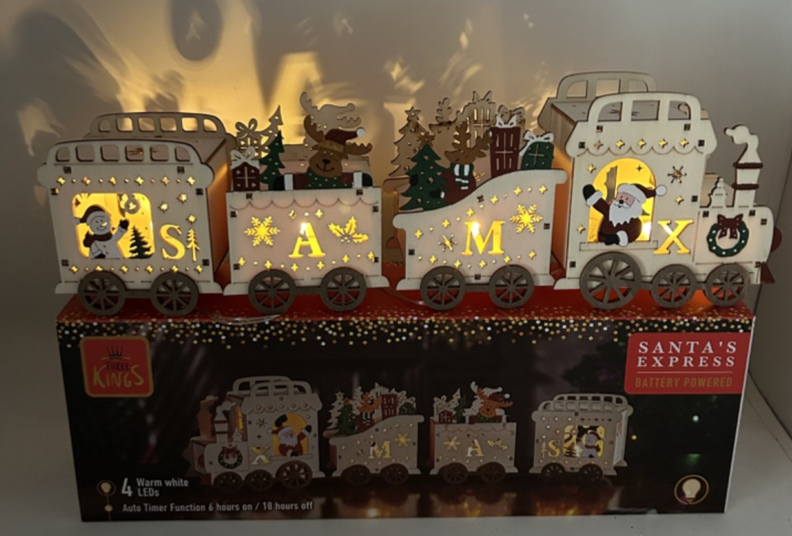 Wooden Santa Claus Express Train Locomotive LED Light Up Decoration 40cm Long
