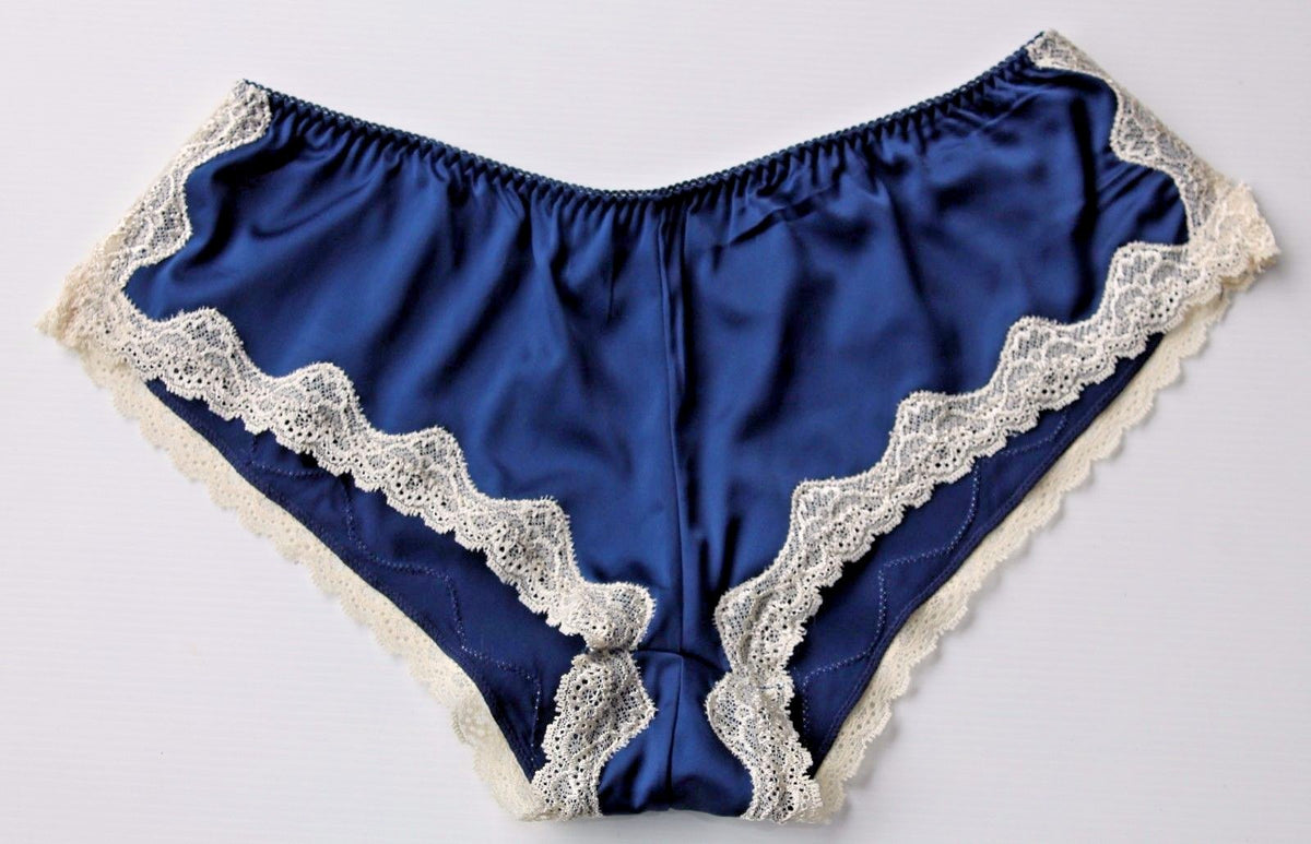 Ladies Sexy Blue Satin Cream Lace French Cami Knickers Tap Pants Panties 8 - 12