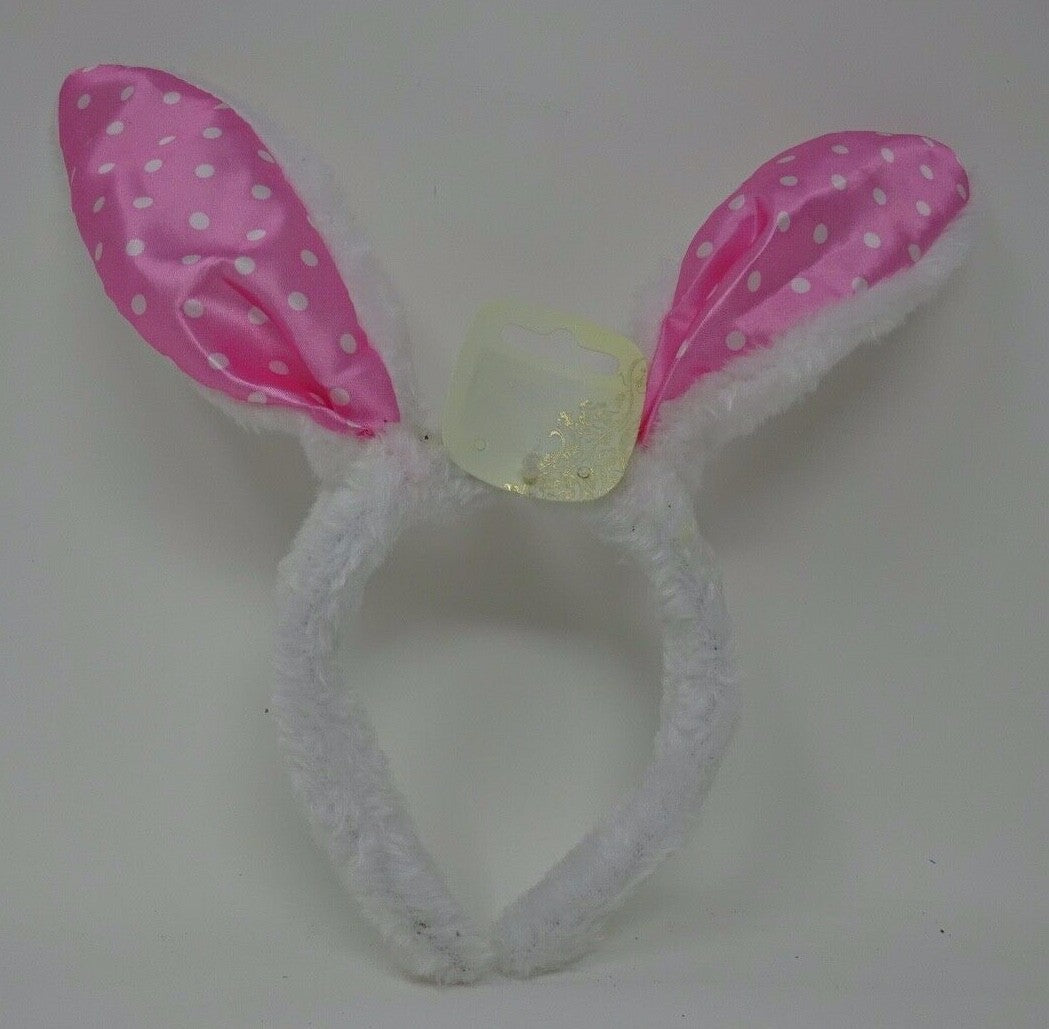 Pink & White Spots Fur Furry Rabbit Bunny Ears on a Fur Headband 28cm Easter