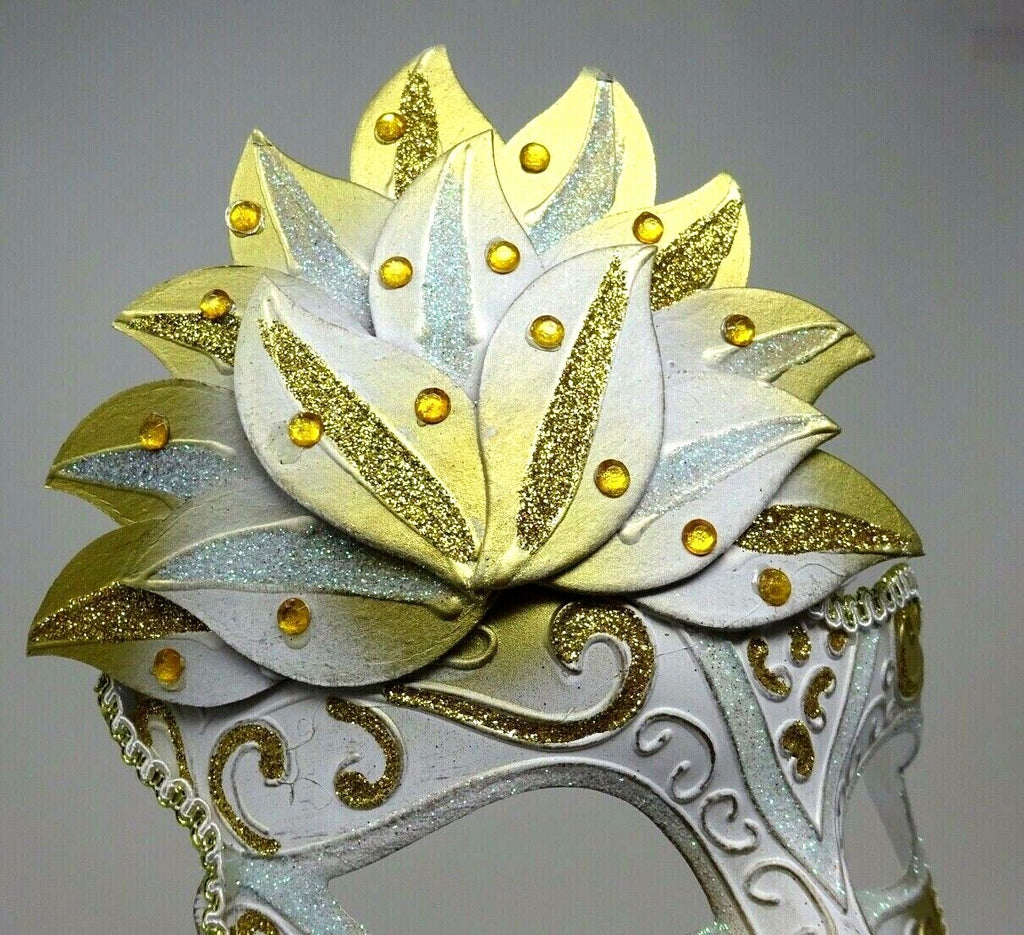 GOLD & WHITE VENETIAN MASQUERADE CARNIVAL BALL EYE PARTY MASK HAND HELD STICK