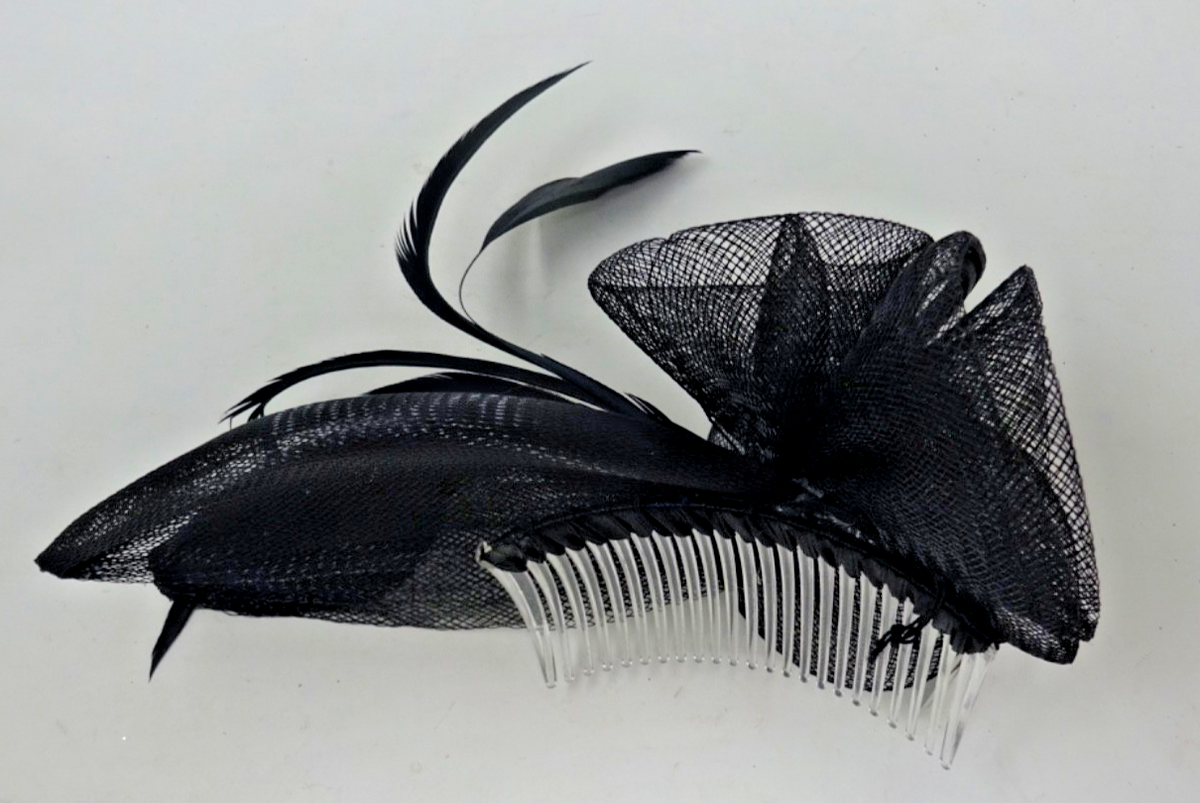 Hair Fascinator on a Clear Comb Black Feathers Stiffened Net Fabric Petals 19cm