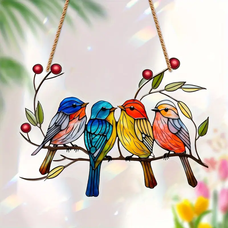 Acrylic Hanging Garden Suncatcher Birds on a Branch 15cm wide on a Hessian Rope