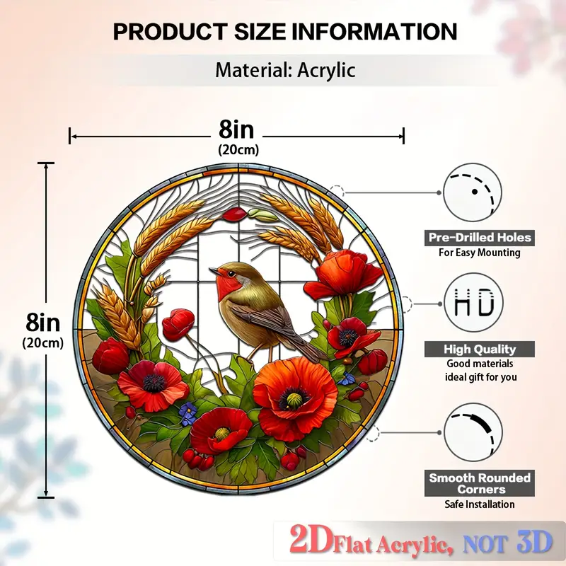 Acrylic Hanging Garden Suncatcher Robin & Flowers 20cm Diameter on Yellow Cord