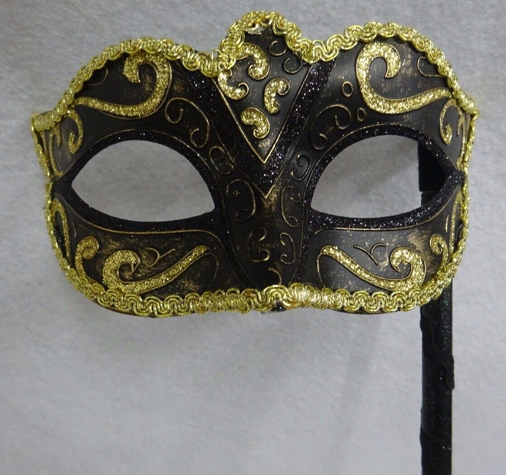 Ladies Black & Gold Venetian Masquerade Party Carnival Eye Mask Hand Held Stick