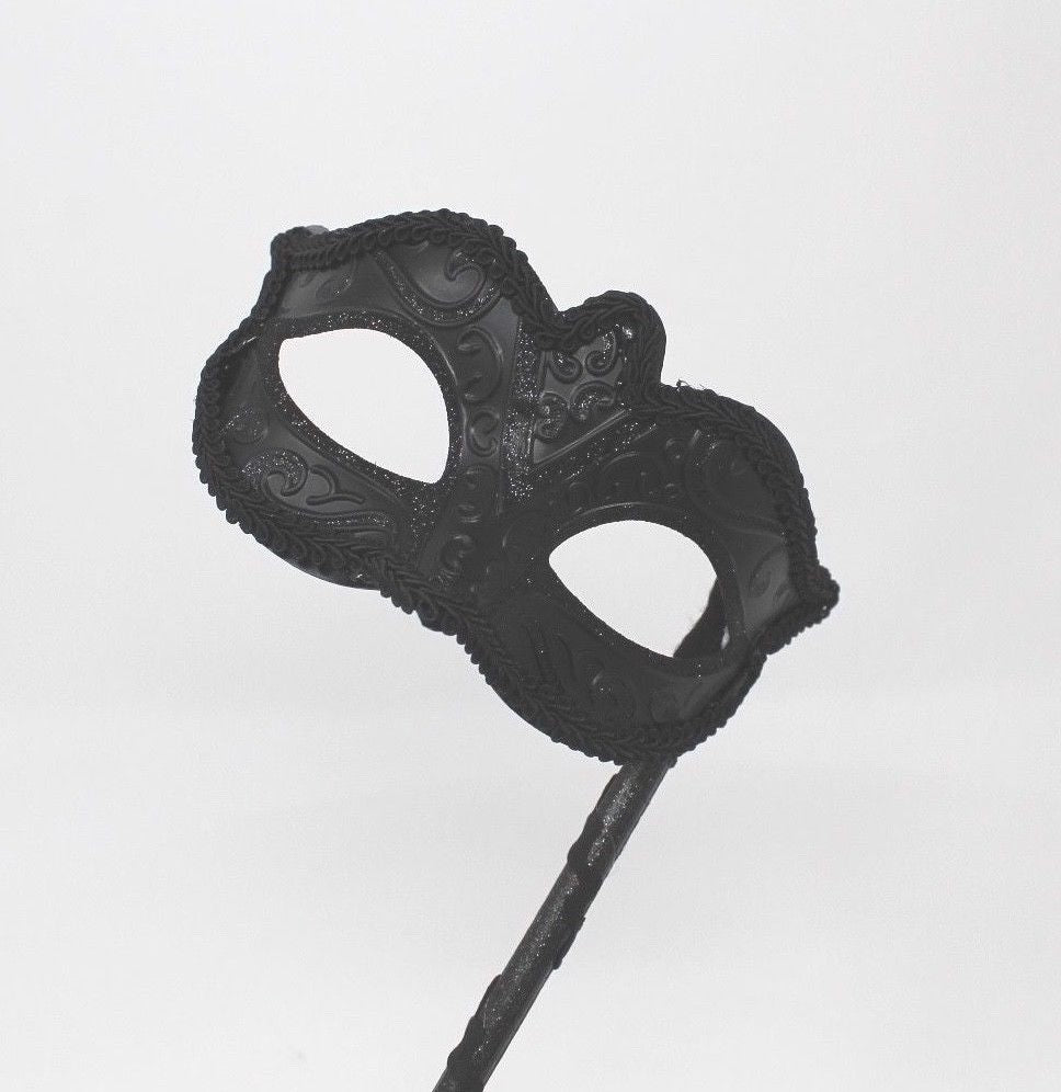 Midnight BLACK Venetian Masquerade Ball Carnival Face Mask on A HAND HELD STICK