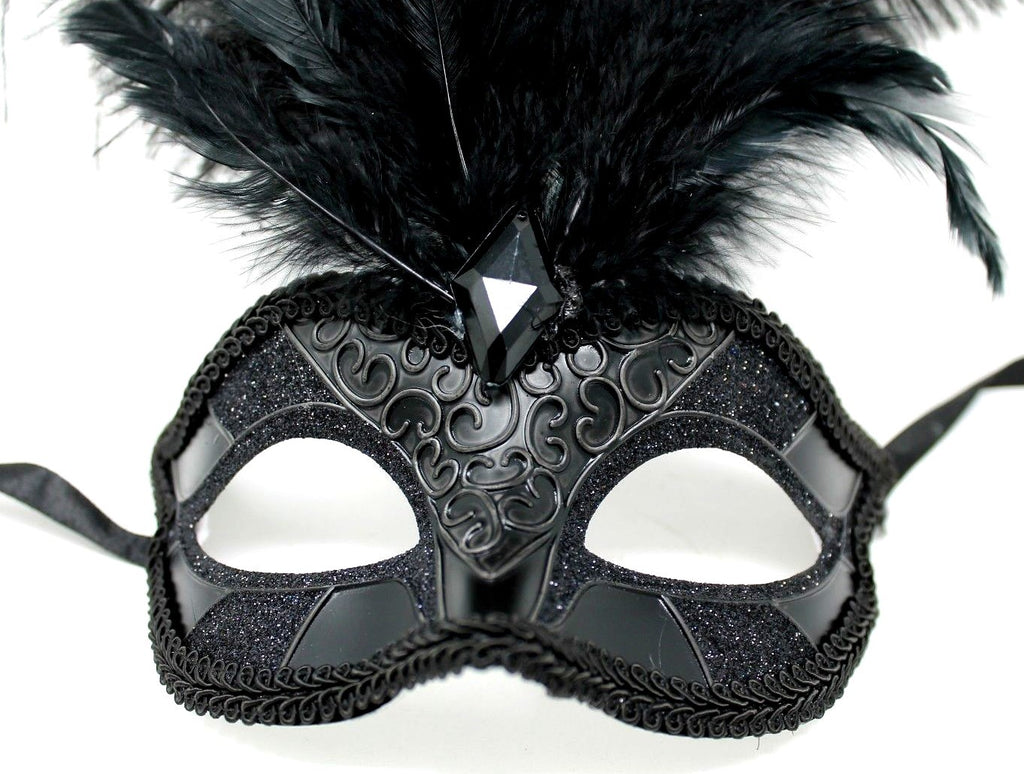ALL BLACK FEATHER MASK VENETIAN MASQUERADE BALL CARNIVAL PARTY FACE EYE MASK