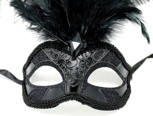 ALL BLACK FEATHER MASK VENETIAN MASQUERADE BALL CARNIVAL PARTY FACE EYE MASK