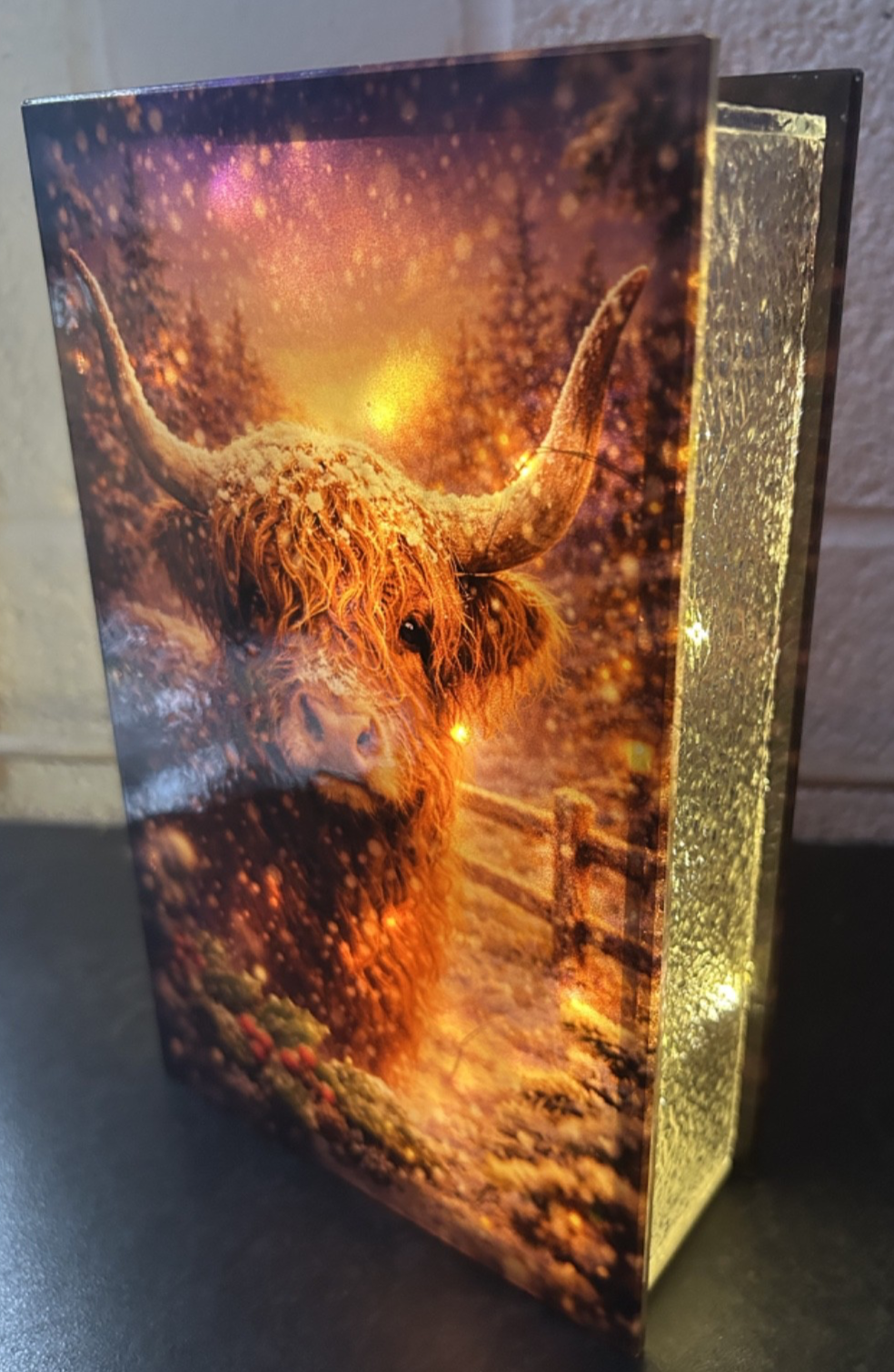 Glass Box Flashing or Static LEDs Highland Cow Decoration 21cm Tall Double Sided