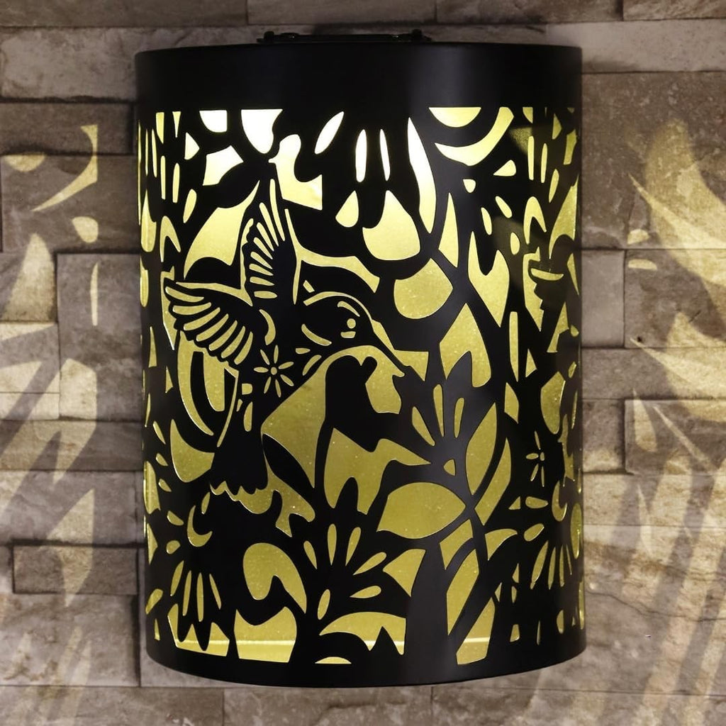 Hummingbird Black Curved Solar LED Wall Panel Metal Garden Light Decor Gift
