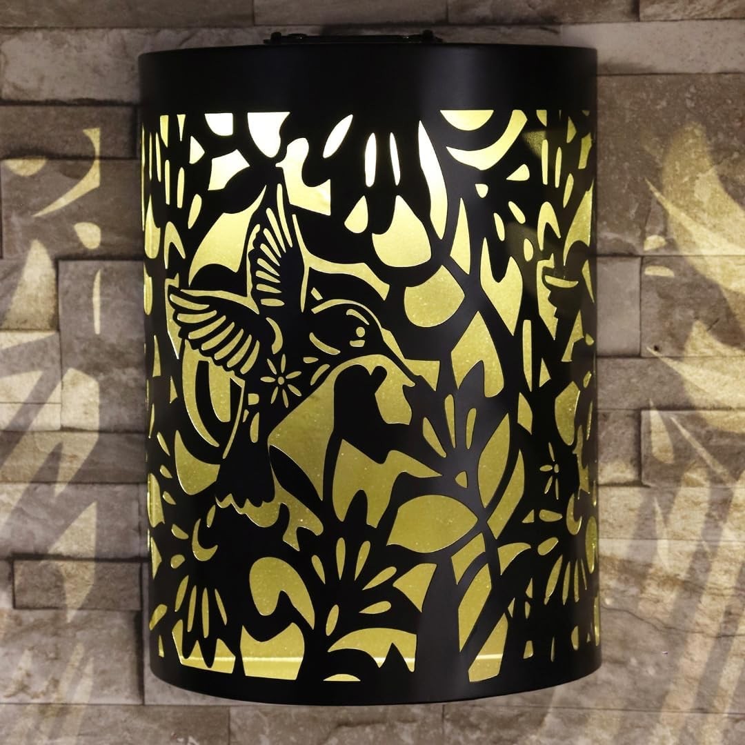 Hummingbird Black Curved Solar LED Wall Panel Metal Garden Light Decor Gift