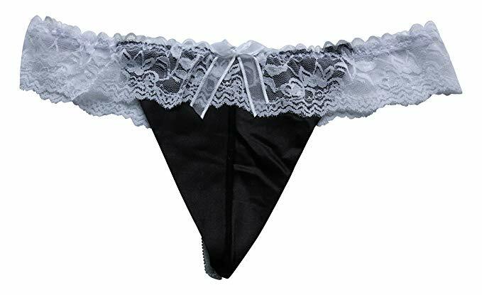 Ladies Black Satin & White Lace Ladies Panties Thong G-String Size 8-10