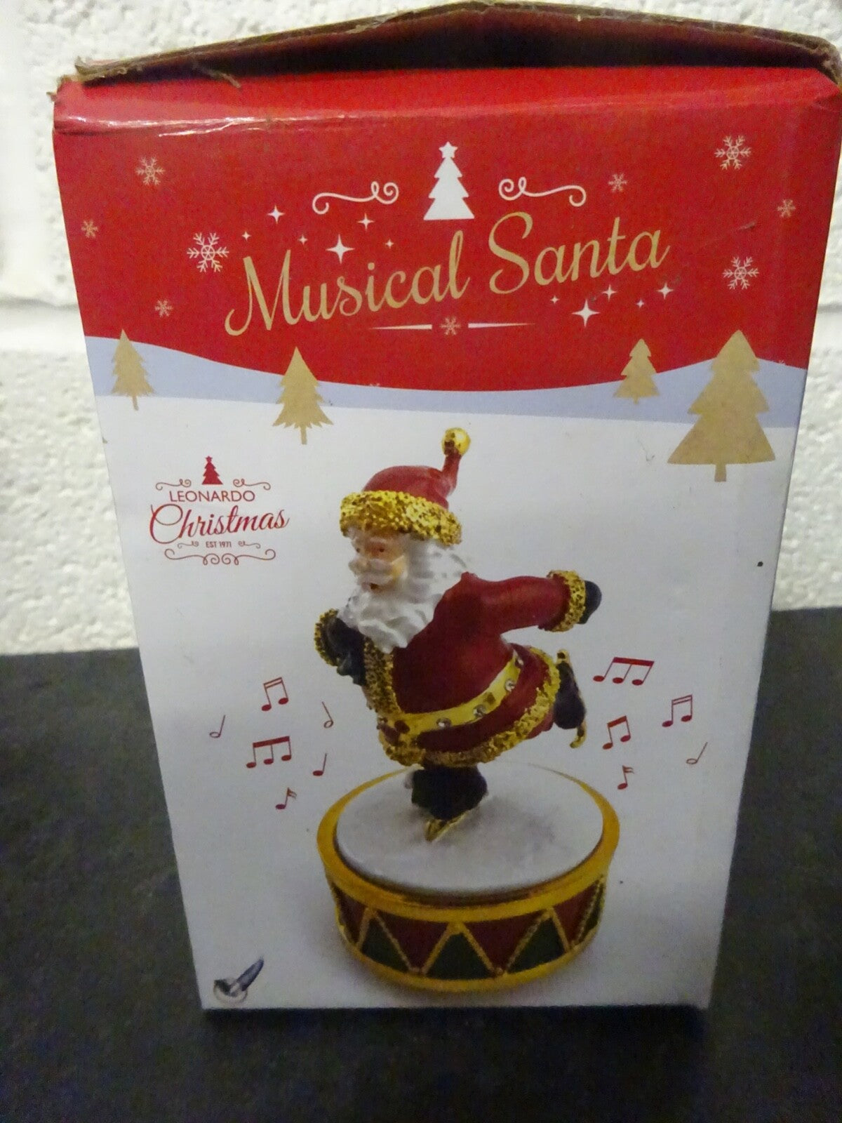 Christmas Musical Skating Santa Ceramic Gold Plated Figurine Wind Up 12cm Tall