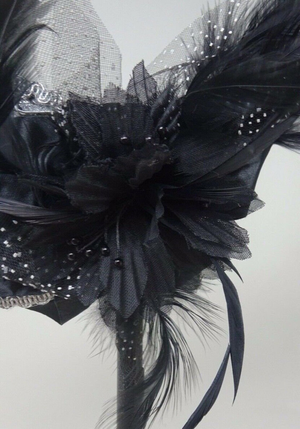 BLACK & SILVER BRAID VENETIAN MASQUERADE PARTY CARNIVAL BALL EYE MASK HAND HELD