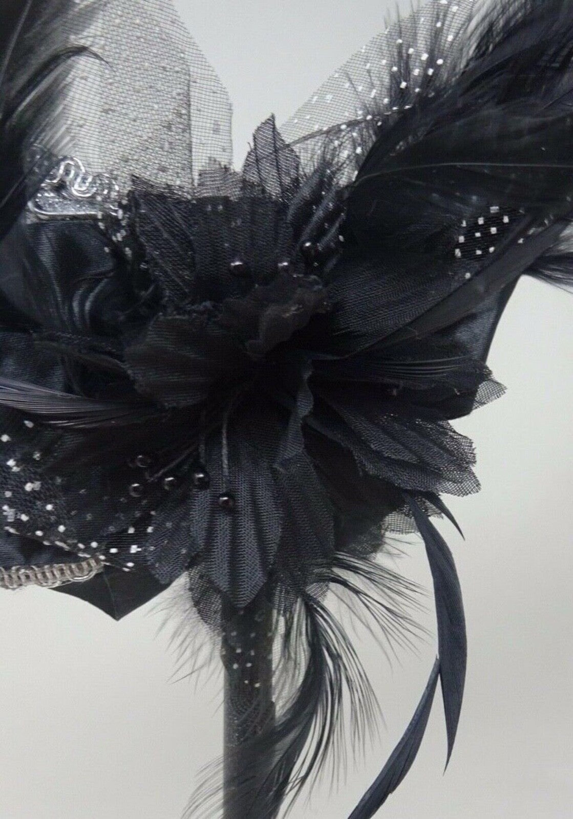 BLACK & SILVER BRAID VENETIAN MASQUERADE PARTY CARNIVAL BALL EYE MASK HAND HELD