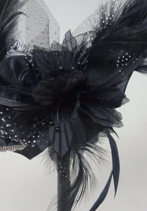 BLACK & SILVER BRAID VENETIAN MASQUERADE PARTY CARNIVAL BALL EYE MASK HAND HELD