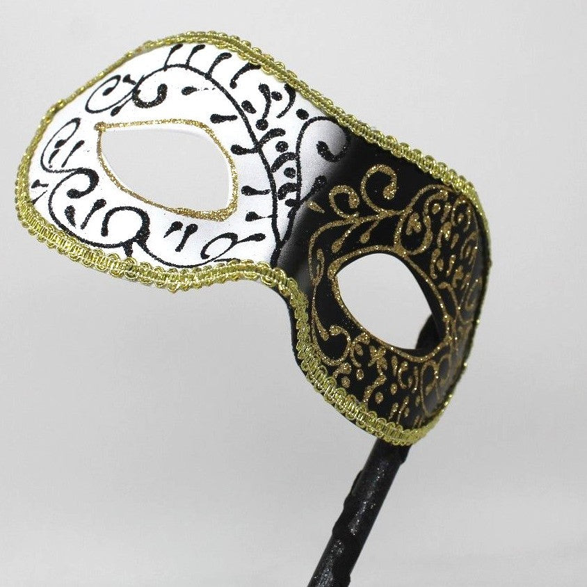 SPARKLING BLACK WHITE GOLD VENETIAN MASQUERADE PARTY PROM MASK  HAND HELD STICK