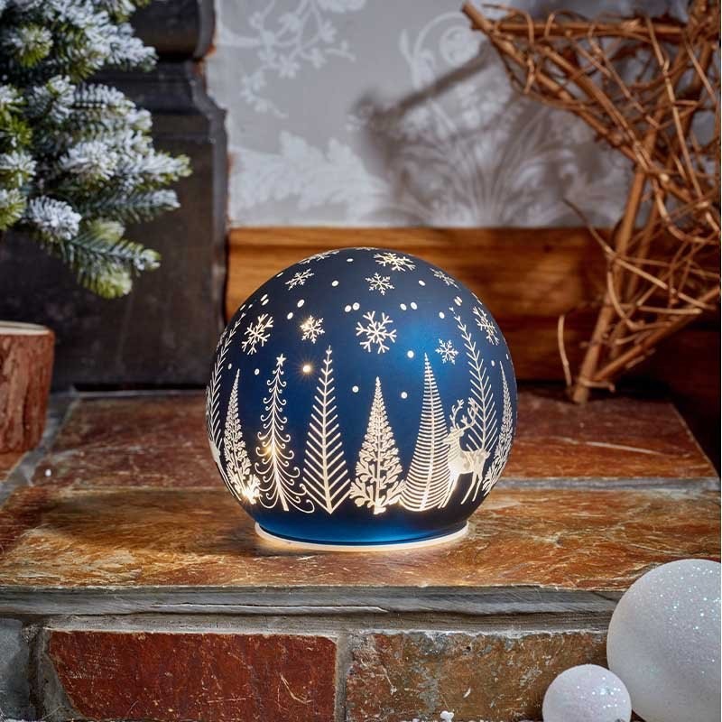 LED Light Up Christmas Winter Forest & Reindeer Decoration Sapphire Blue Glass