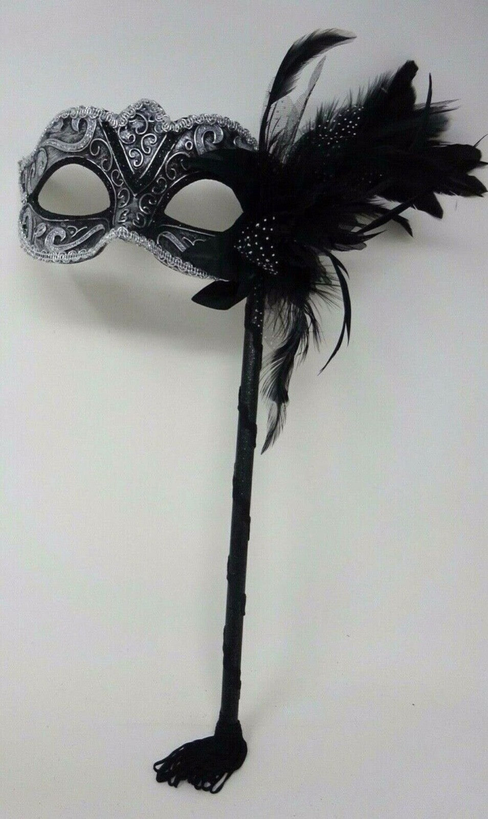 BLACK & SILVER BRAID VENETIAN MASQUERADE PARTY CARNIVAL BALL EYE MASK HAND HELD