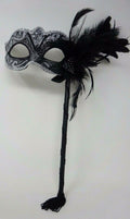 BLACK & SILVER BRAID VENETIAN MASQUERADE PARTY CARNIVAL BALL EYE MASK HAND HELD