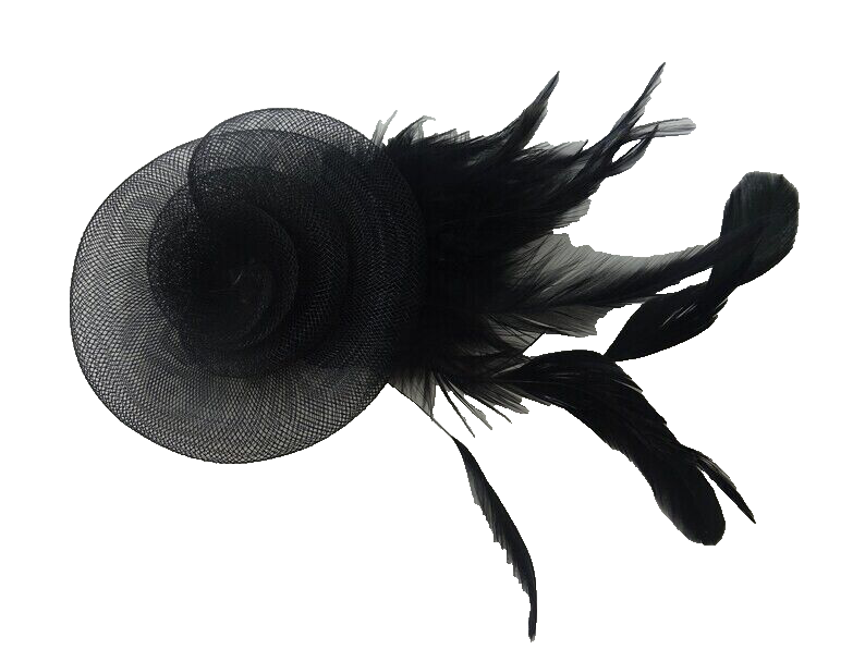 Hair Fascinator Corsage & Brooch Black Feathers and Stiffened Net Fabric Petals