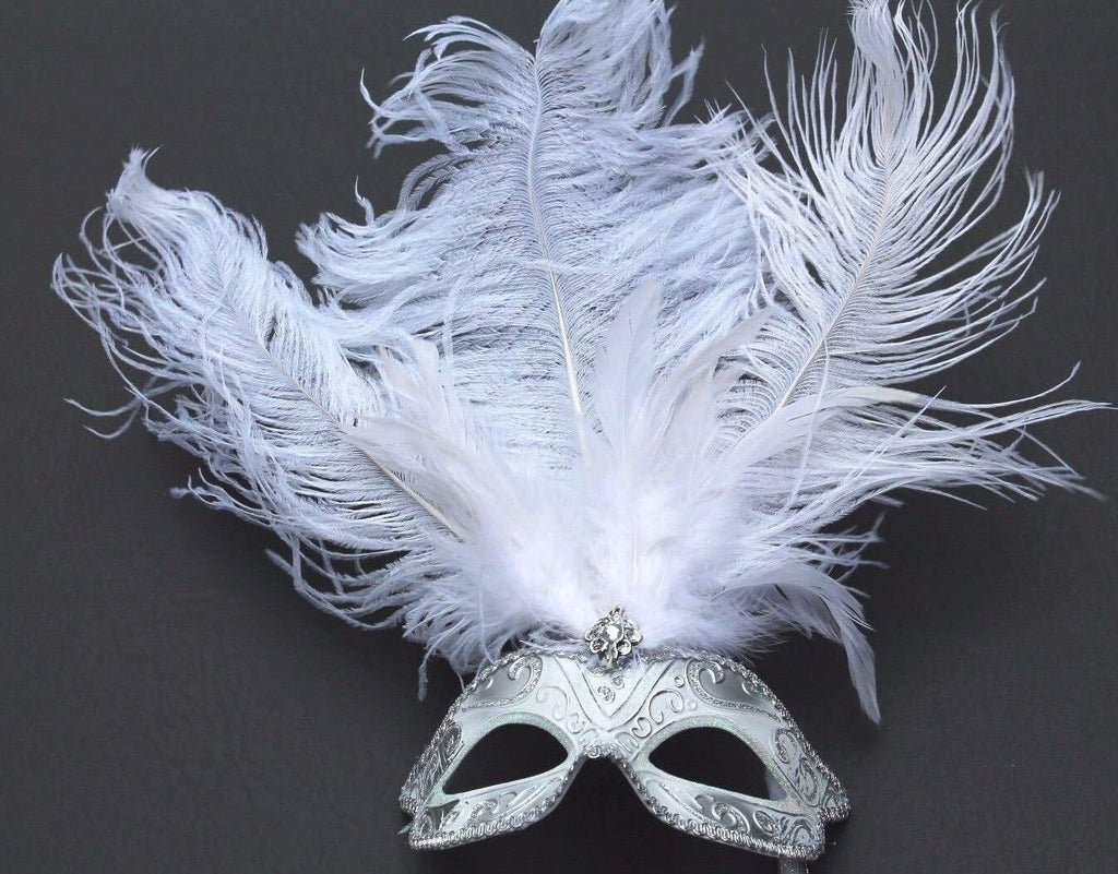 WHITE SILVER VENETIAN MASQUERADE PARTY CARNIVAL BALL EYE FEATHER MASK HAND HELD