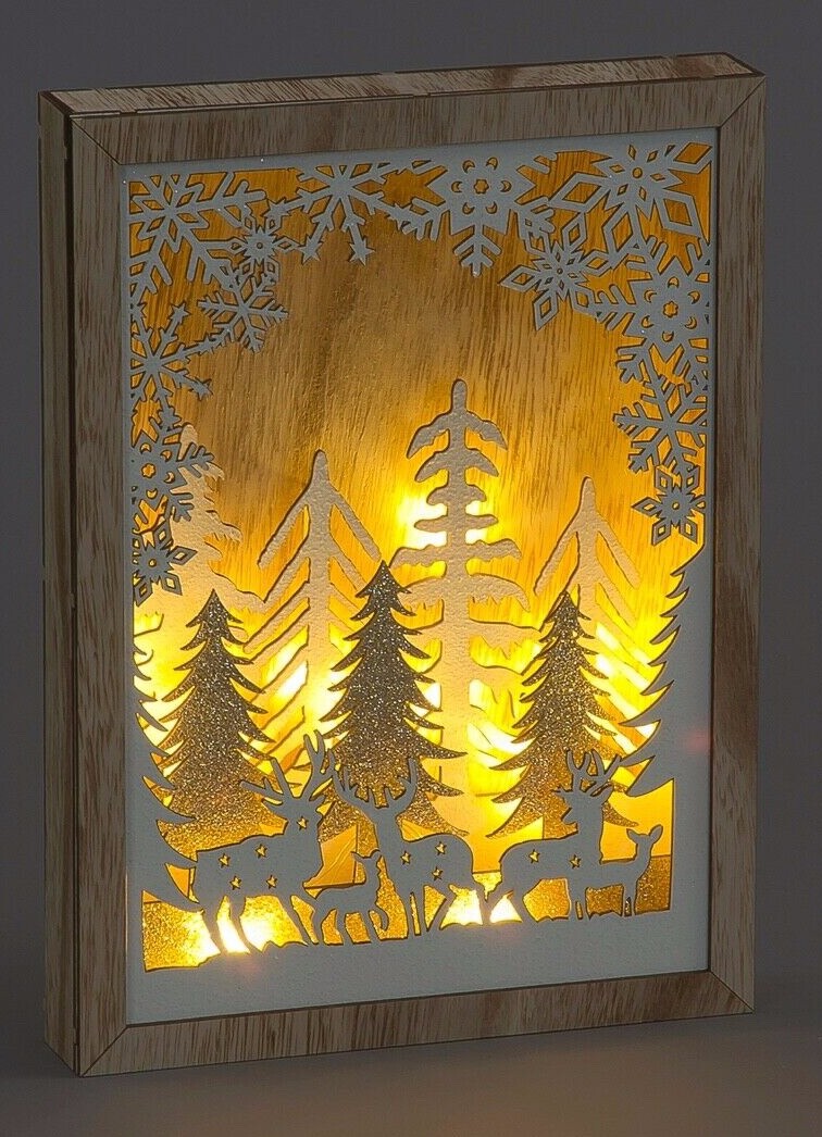 Wall Hanging Wooden Christmas LED Picture Frame Forest Stags Scene 30cm Tall
