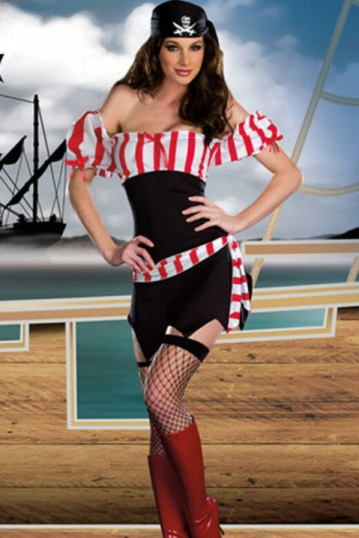 Ladies Pirate Costume 4 Piece Fancy Dress Outfit Banana Thong Belt Dress Size 10