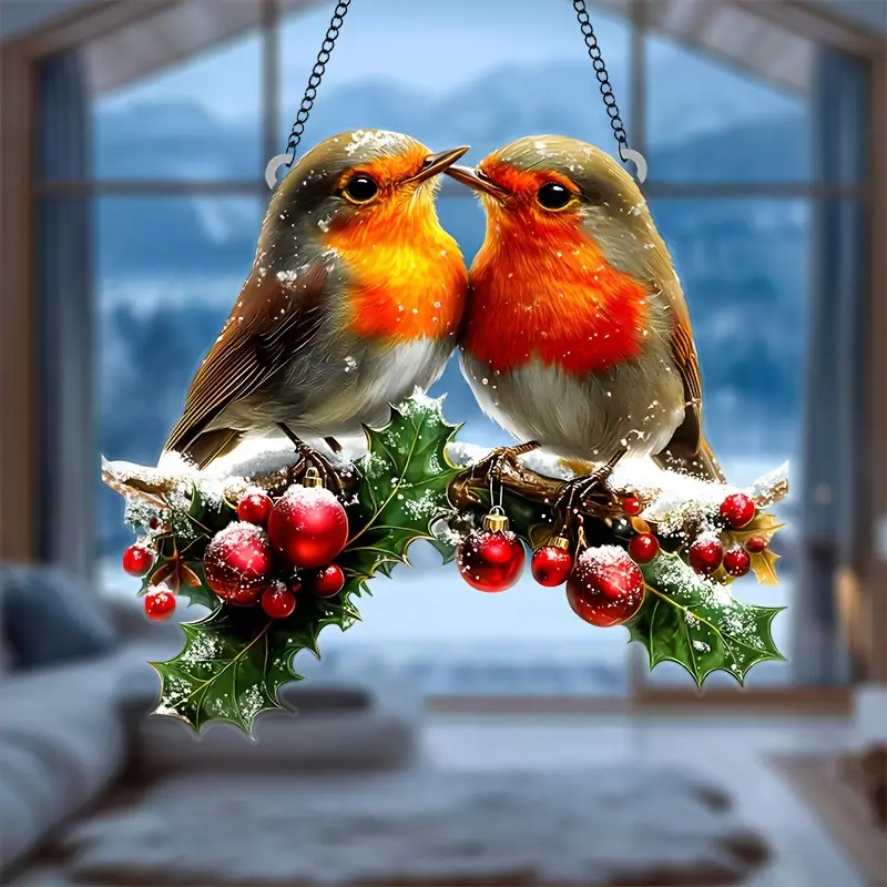 Festive Hanging Acrylic Garden Suncatcher Robins Snowy Holly with Berries 20cm
