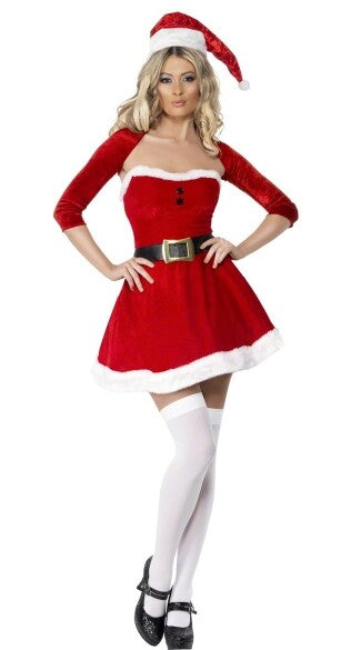Ladies Santa Mrs Christmas Costume Red & White Fur Dress Hat Belt Bolero 10-12