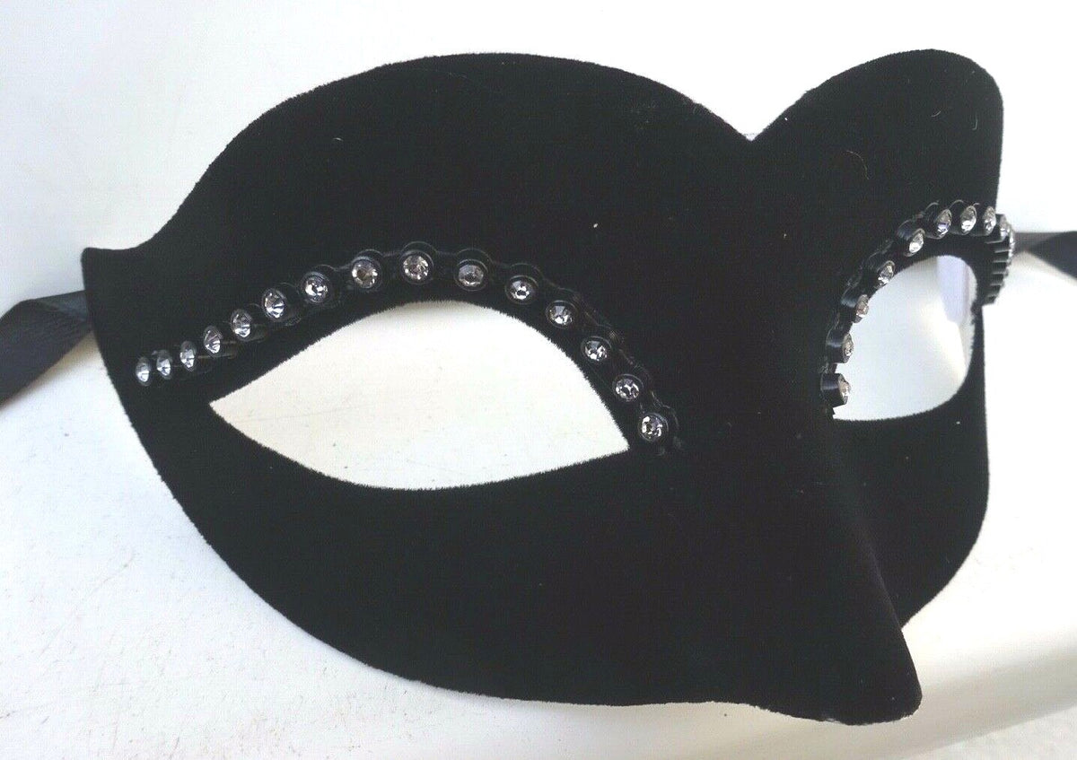 Ladies Black Velour Jewelled Venetian Masquerade Party Carnival Eye Ball Mask