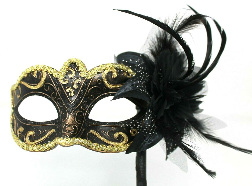 BLACK AND GOLD Venetian Carnival Masquerade Mask on a hand held stick