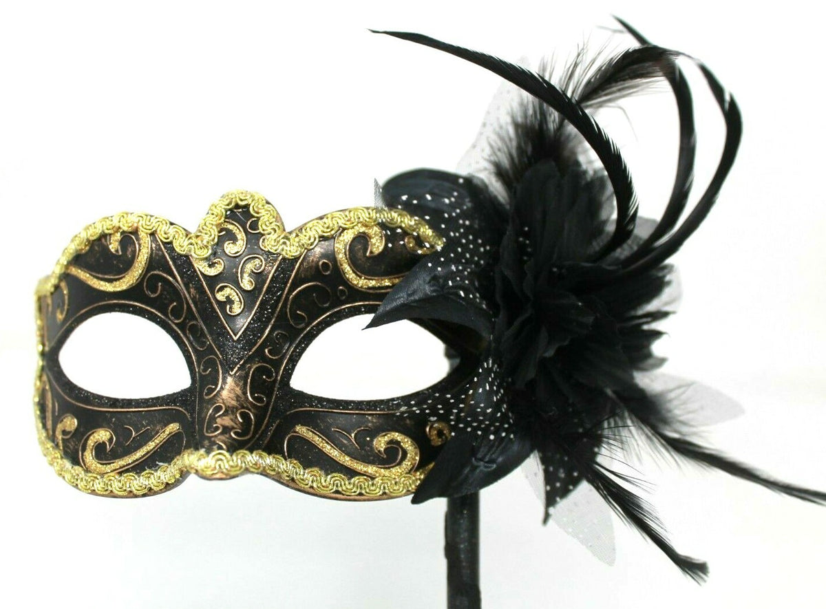 BLACK AND GOLD Venetian Carnival Masquerade Mask on a hand held stick