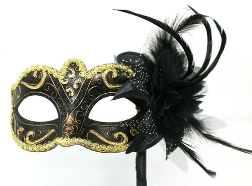 BLACK AND GOLD Venetian Carnival Masquerade Mask on a hand held stick