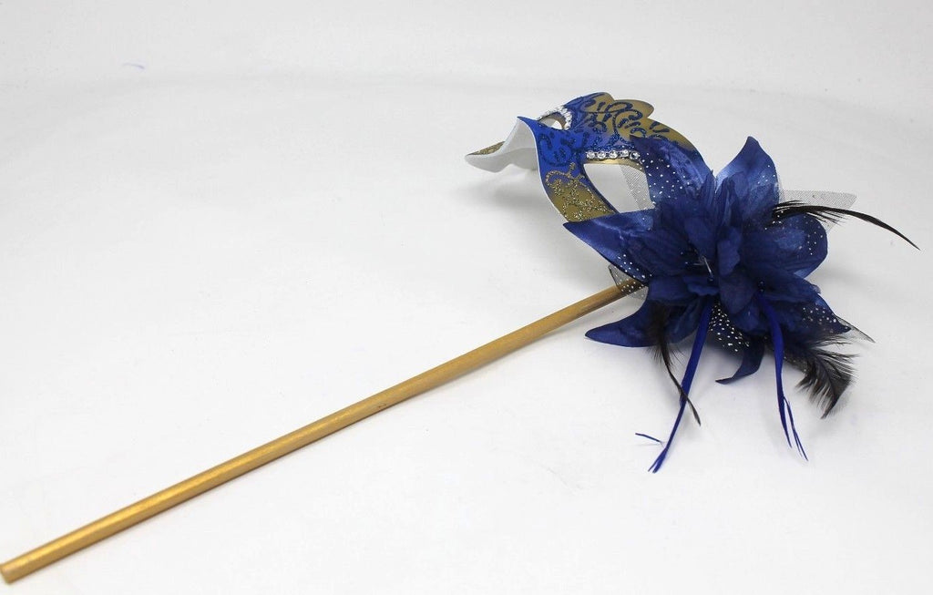 STUNNING BLUE & GOLD VENETIAN MASQUERADE PARTY EYE MASK ON A HAND HELD STICK