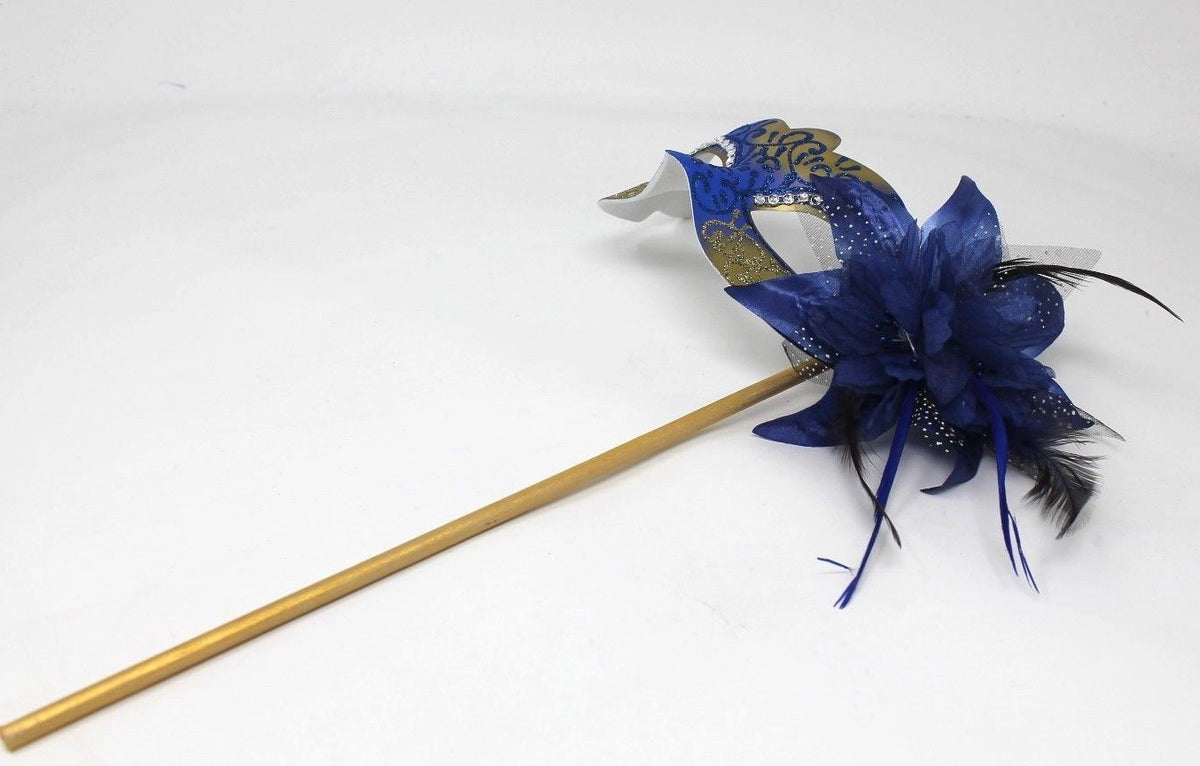 STUNNING BLUE & GOLD VENETIAN MASQUERADE PARTY EYE MASK ON A HAND HELD STICK