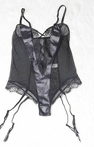 Womens Sexy Black Faux Leather/Lace Babydoll Teddy Chemise Body Size 8-10 10-12