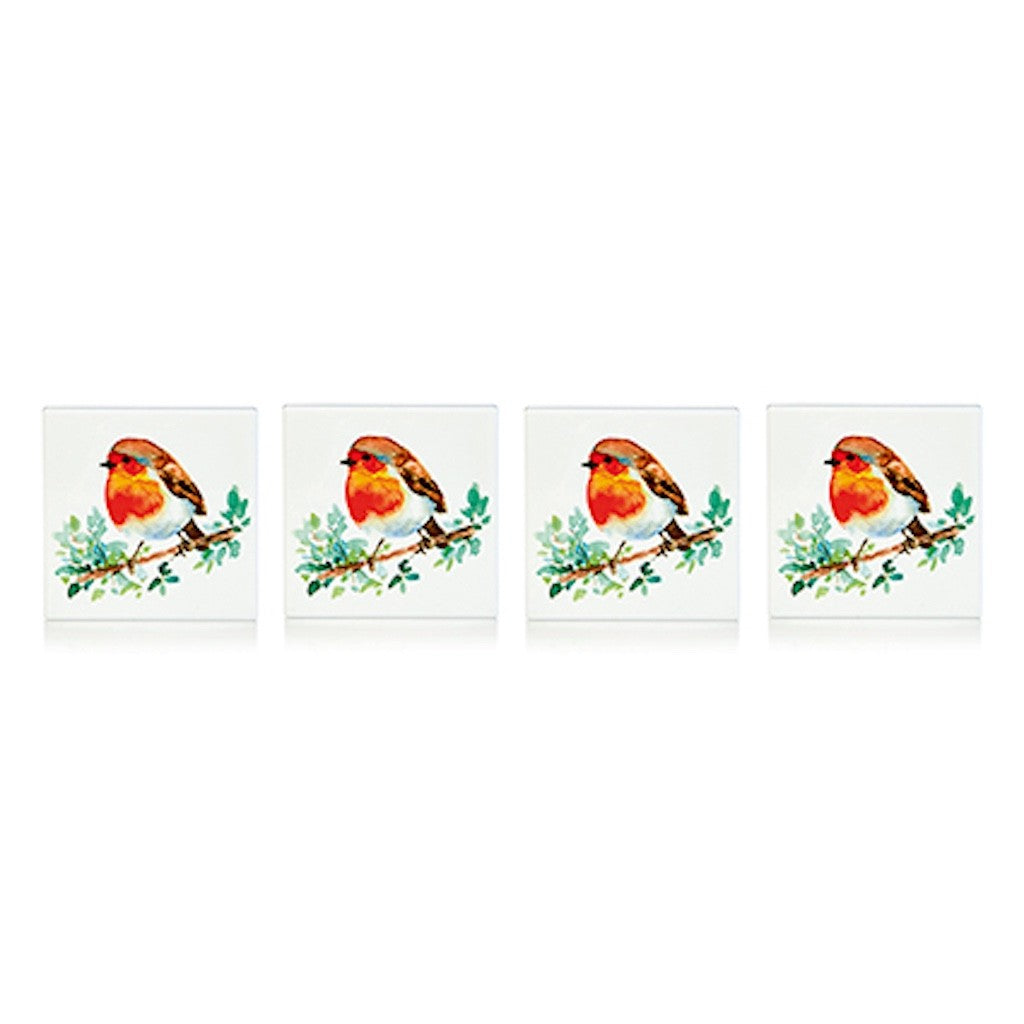 Christmas Festive Set of 4 Robin Fine China Coasters in Gift Box 10cm Square
