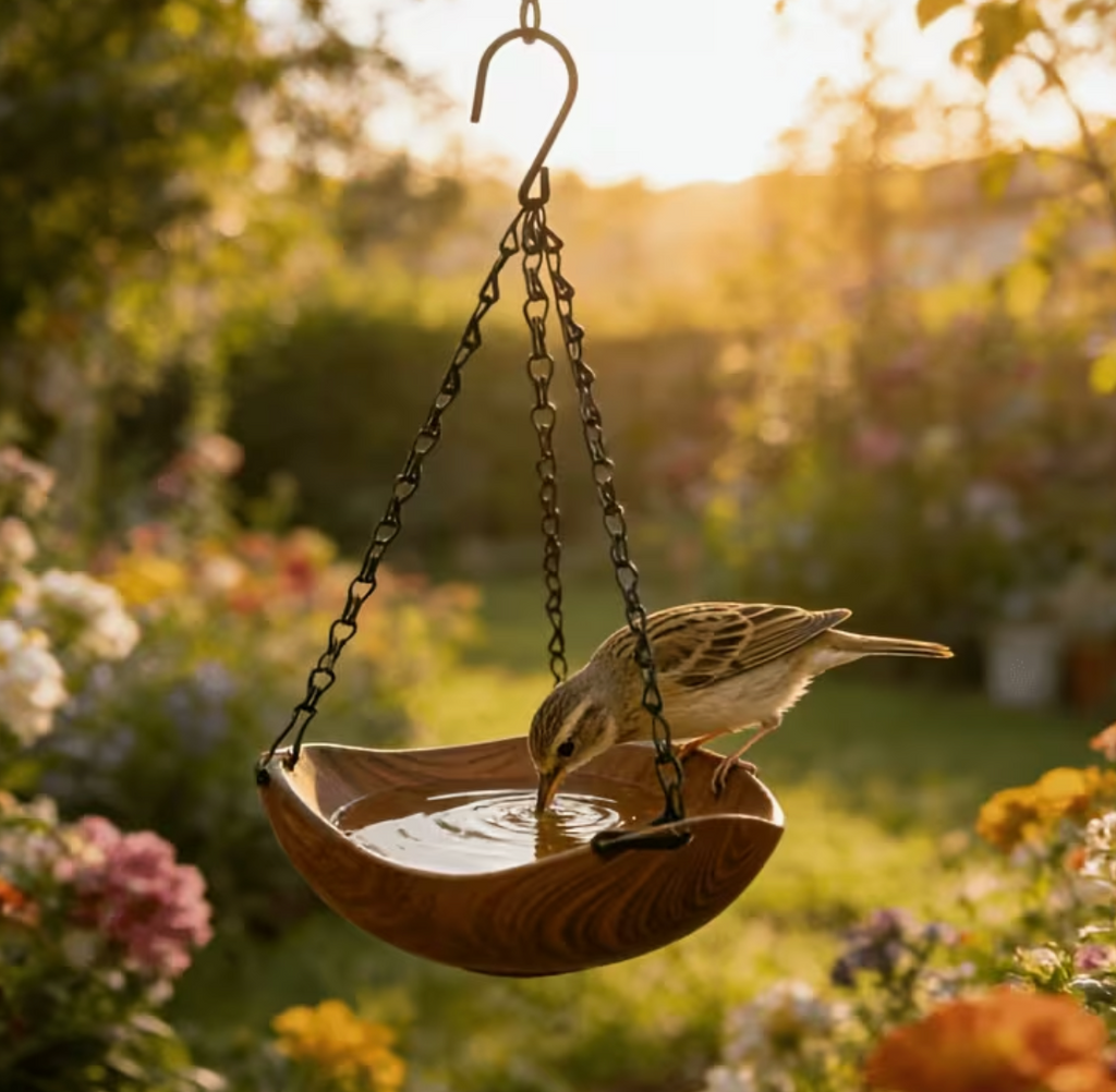 Dark Wood Grain Bird Bath Garden Ornament 35cm Hanging Depth & Cleaning Brush